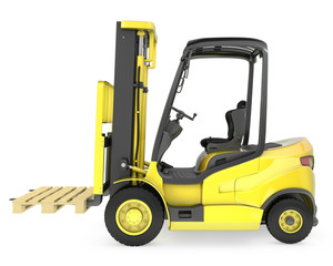 Yellow fork lift truck, with a pallet