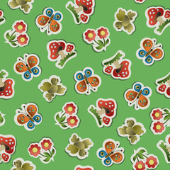 Summer seamless pattern with flowers, butterflies and birds.