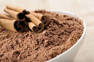 cocoa powder in cup with cinnamon