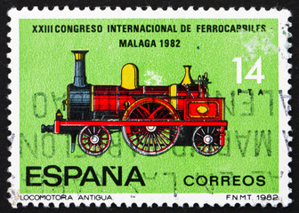 Fototapeta na wymiar Postage stamp Spain 1982 Locomotive from 1850