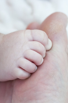newborn foot on the toes of his father