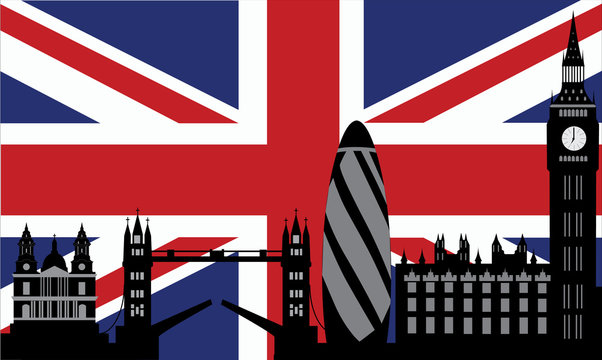london skyline with british flag