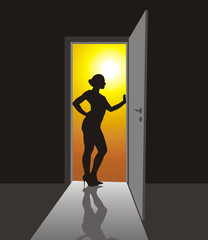 Woman standing in the open door, illustration