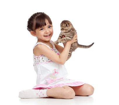 Happy Child Girl Holding  Kitten