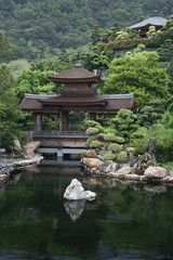 Pond and garden of Chinese Temple in Hong Kong
