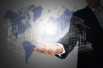 Hand of Business Man Draw 3D architect or home plan