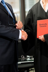 Anw&auml;ltin mit Gesetzbuch und Mandant