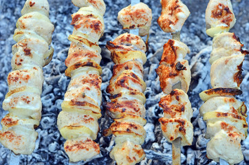 shish kebab on skewers and hot coals