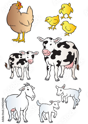 Download "Mother & Baby hen, cow & goat" Stock image and royalty ...