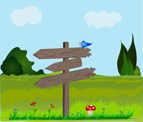 Landscape with wooden signboard.