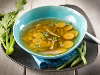 miso soup with green beans zucchinis and celery, vegetarian food