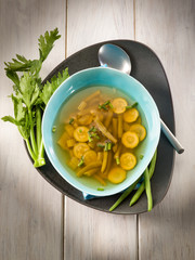 miso soup with green beans zucchinis and celery, vegetarian food