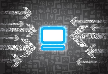 Color media arrows going to glowing computer pictogram