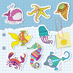 marine life in the form of stickers. Exercise book in a cage
