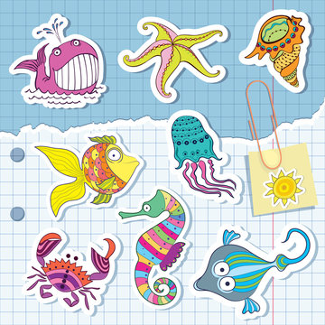 marine life in the form of stickers. Exercise book in a cage