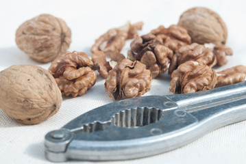 Nuts and nutcracker on a table