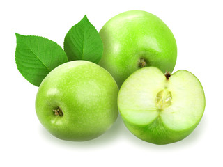 Heap of fresh green apples with green leaf