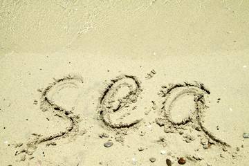 Word SEA on wet sand