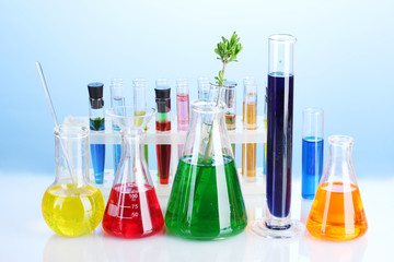 Different laboratory glassware with color liquid