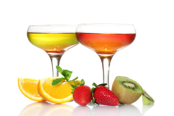 fruit jelly in glasses and fruits isolated on white