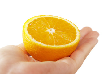 Half of an orange on hands