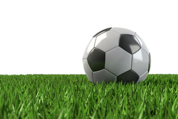 Fototapeta premium Fussball schwarz-weiss Carbon style auf Gras