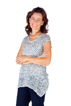 Woman In 30s In Top With Stripes And Jeans