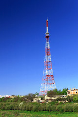 Big television transmitter and landscape view of the Caucasus Mo