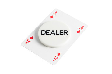 Dealer with ace casino card over white