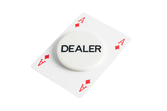Dealer with ace casino card over white