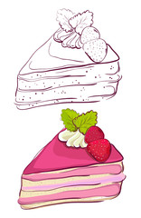 Cartoon slice of cake. Color and retro version of the contour