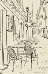 Fotobehang Tekening straatcafé Straatcafé in de schetsillustratie van de oude stad