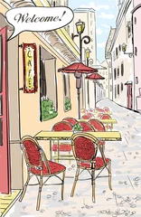 Foto auf Acrylglas Gezeichnetes Straßencafé Straßencafé in der alten Stadtskizzenillustration