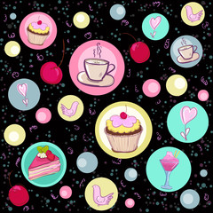 Holiday seamless pattern with sweets and coffee