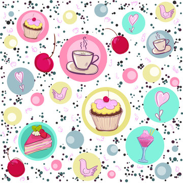Holiday seamless pattern with sweets and coffee