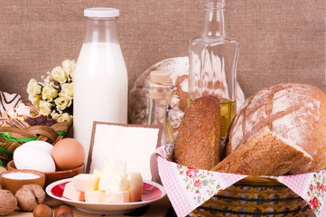 Tasty food ingredients and baking on background with banner add