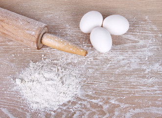 Baking still life, flour, eggs and rolling pin