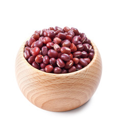 wooden bowl full of adzuki beans isolated on white