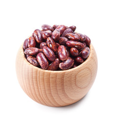 wooden bowl full of red speckled kidney beans isolated on white