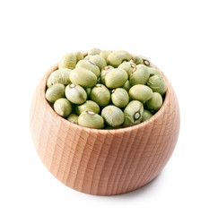 wooden bowl full of green beans isolated on white