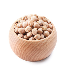 wooden bowl full of hummus isolated on white