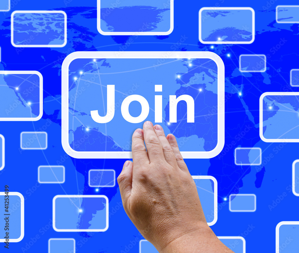 Poster join button with hand showing subscription and registration
