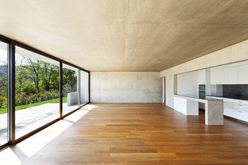Fototapeta na wymiar modern concrete house with hardwood floor, wide open space