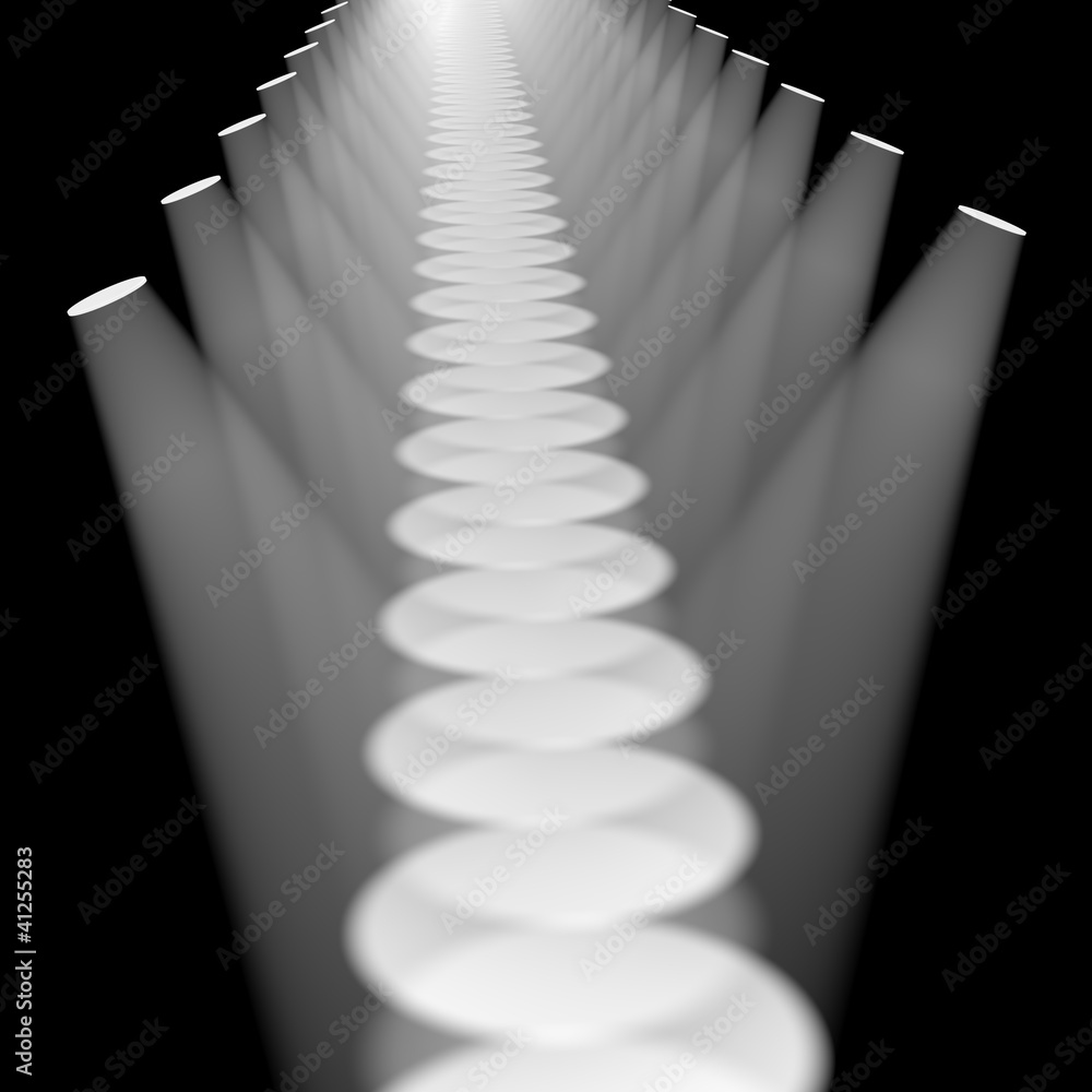 Poster multiple white spotlights in a row on stage for highlighting or