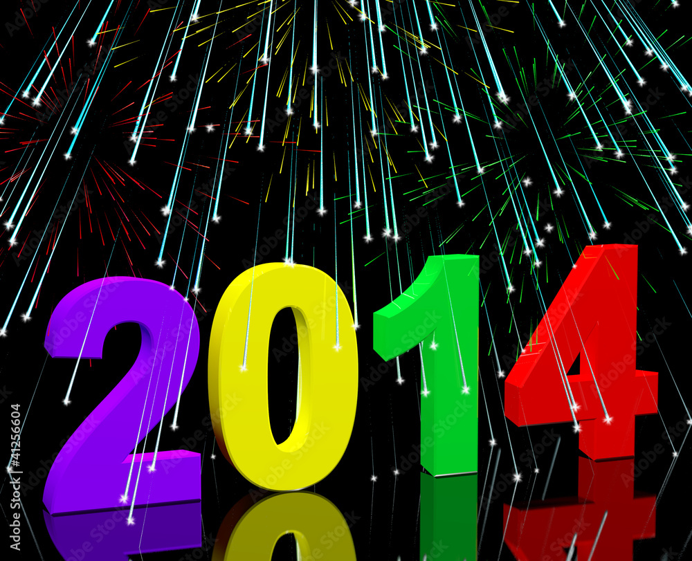 Poster 2014 Numbers With Fireworks Representing Year Two Thousand And F