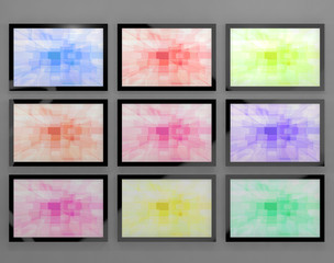 TV Monitors Wall Mounted In Different Colors Representing High D