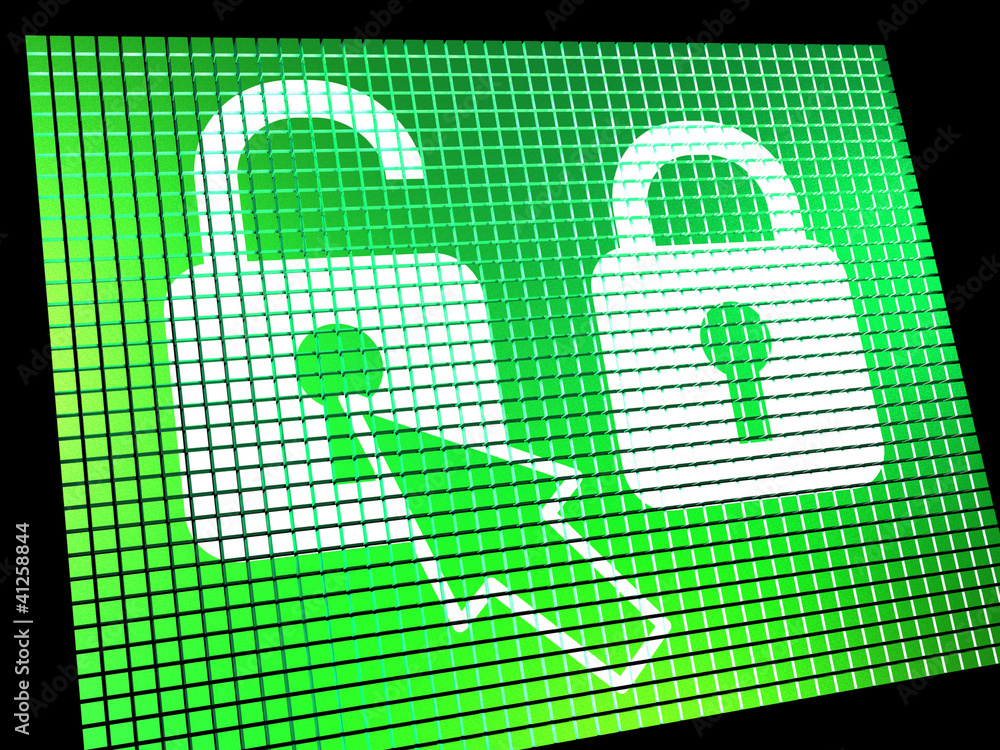 Poster unlocked padlock computer screen showing access or protection on