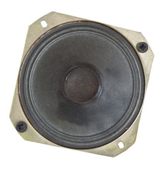 vintage speaker with paperboard membrane, isolated and grungy