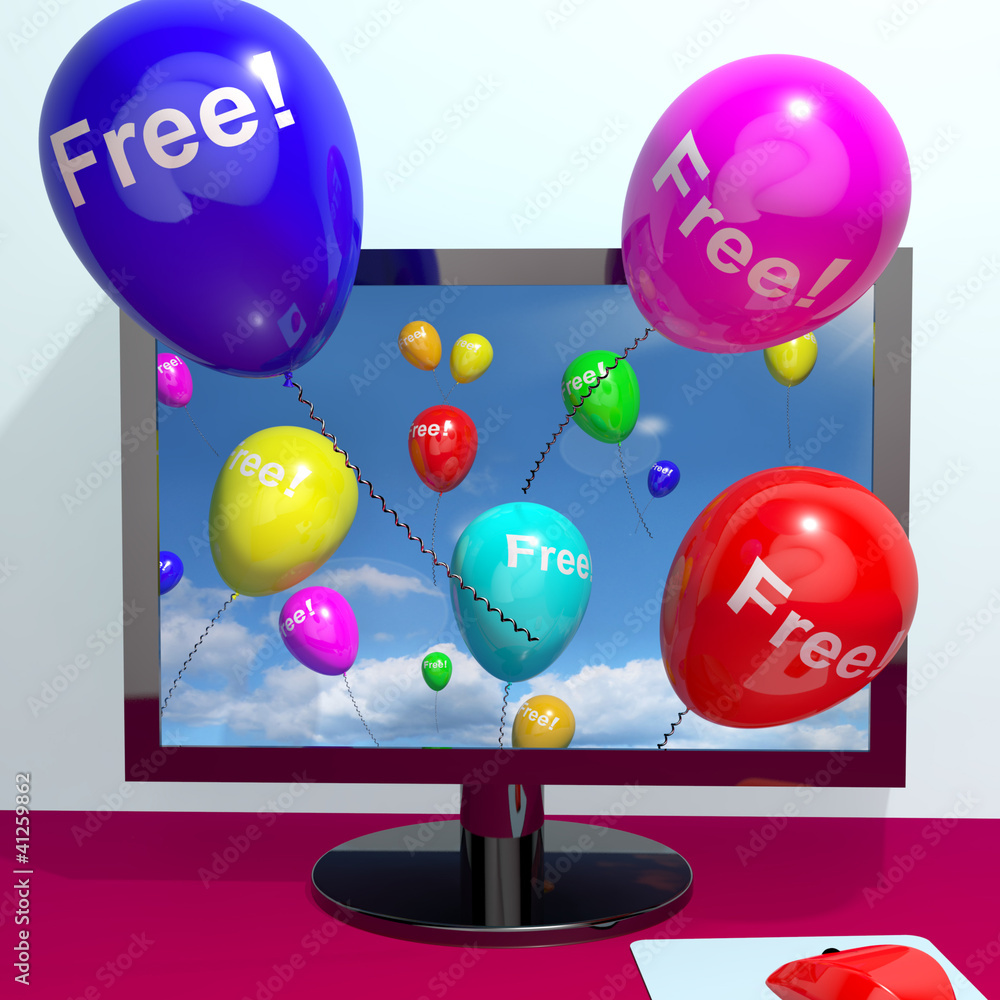 Poster balloons with free coming through computer showing freebies and