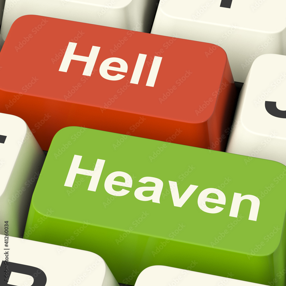 Poster heaven hell computer keys showing choice between good and evil o